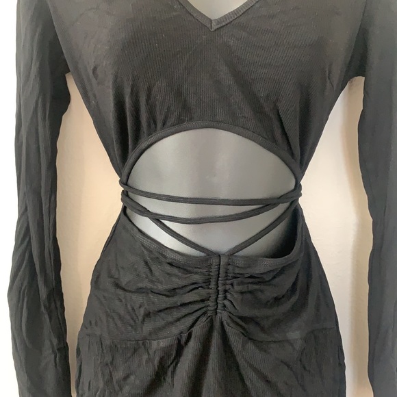 Princess Polly Noa Black Long Sleeve Ribbed Cut Out Criss Cross Tie Mini Dress - Picture 6 of 11